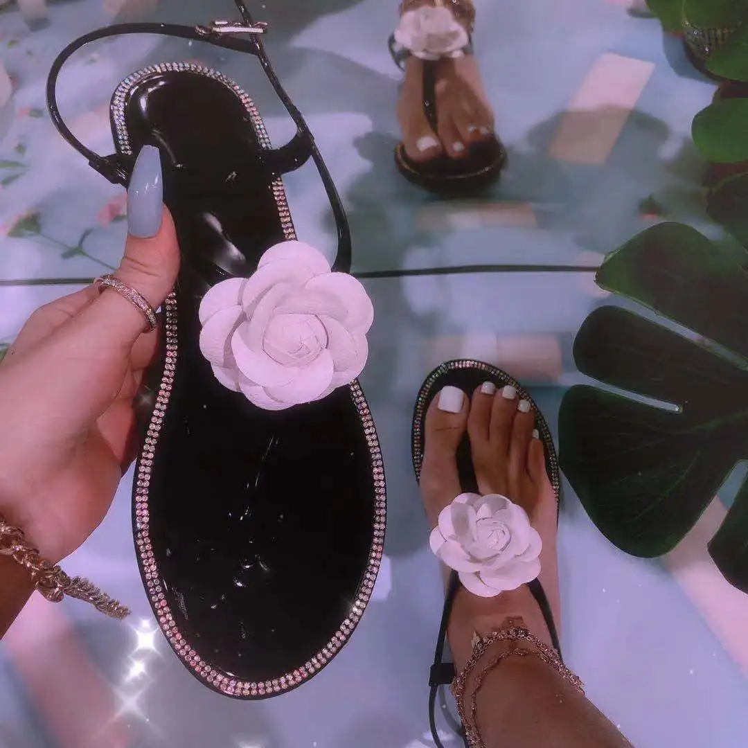 Шлепанцы с цветами для женщин, сланцы, блестящие, хрустальные, Тапочки