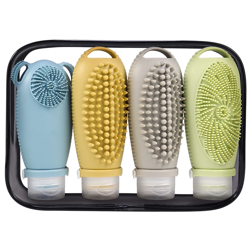 Custom Design New Arrivals 100ML Portable Reusable Silicone Body Wash Travel Bottle Kits with Cleaner Brush for Toiletries