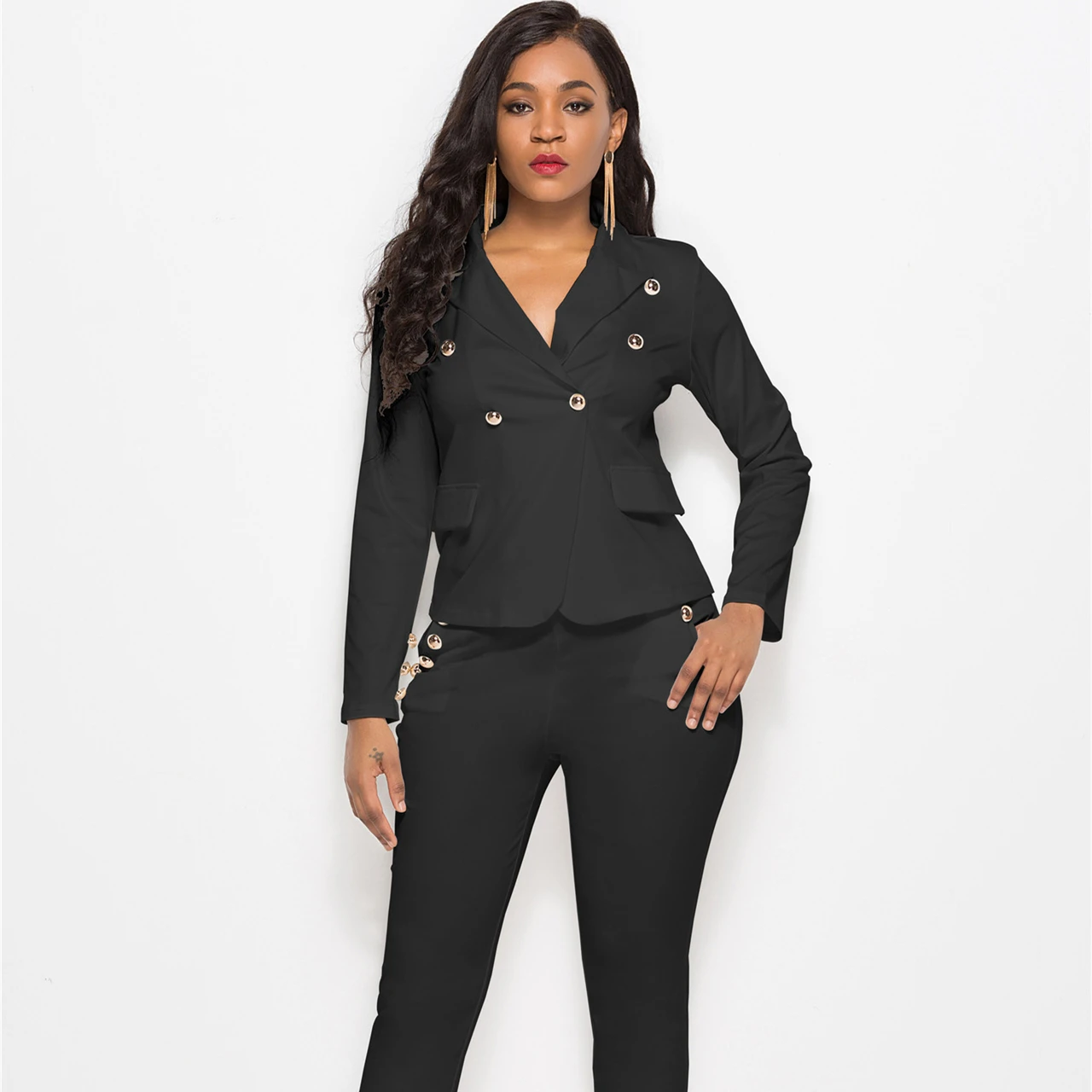 
Office Clothing For Women 2021 Sexy Casual Long-Sleeve Button Pocket Blouse Bag Hip Solid Color Pants Women 2 Piece Blazer Set 