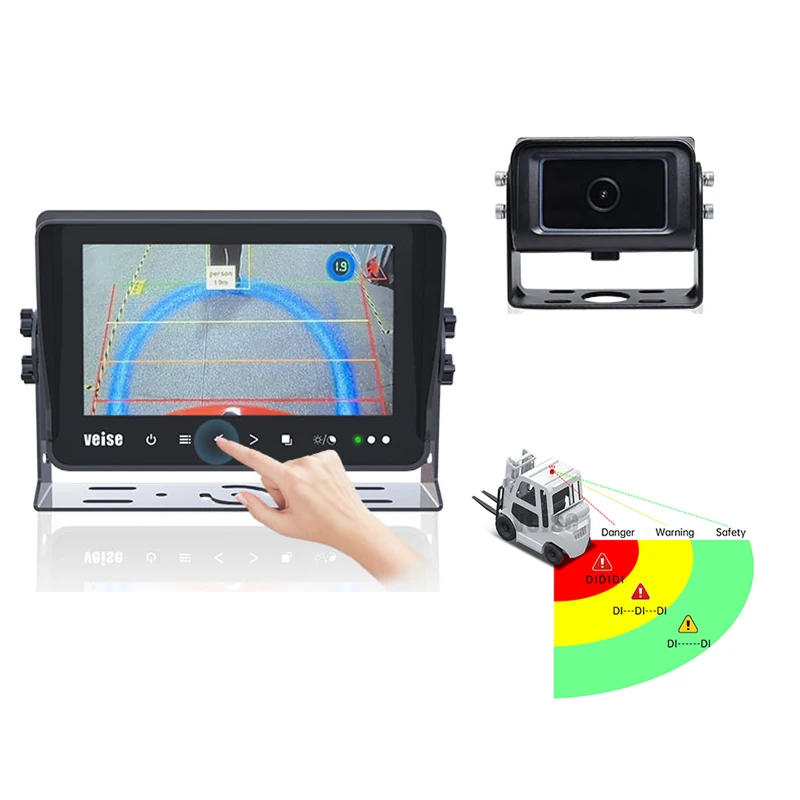 AI Backup Camera System for Forklifts with Reverse Blind Spot Detection Touch Monitor Providing Audible Visual Alarm Night View
