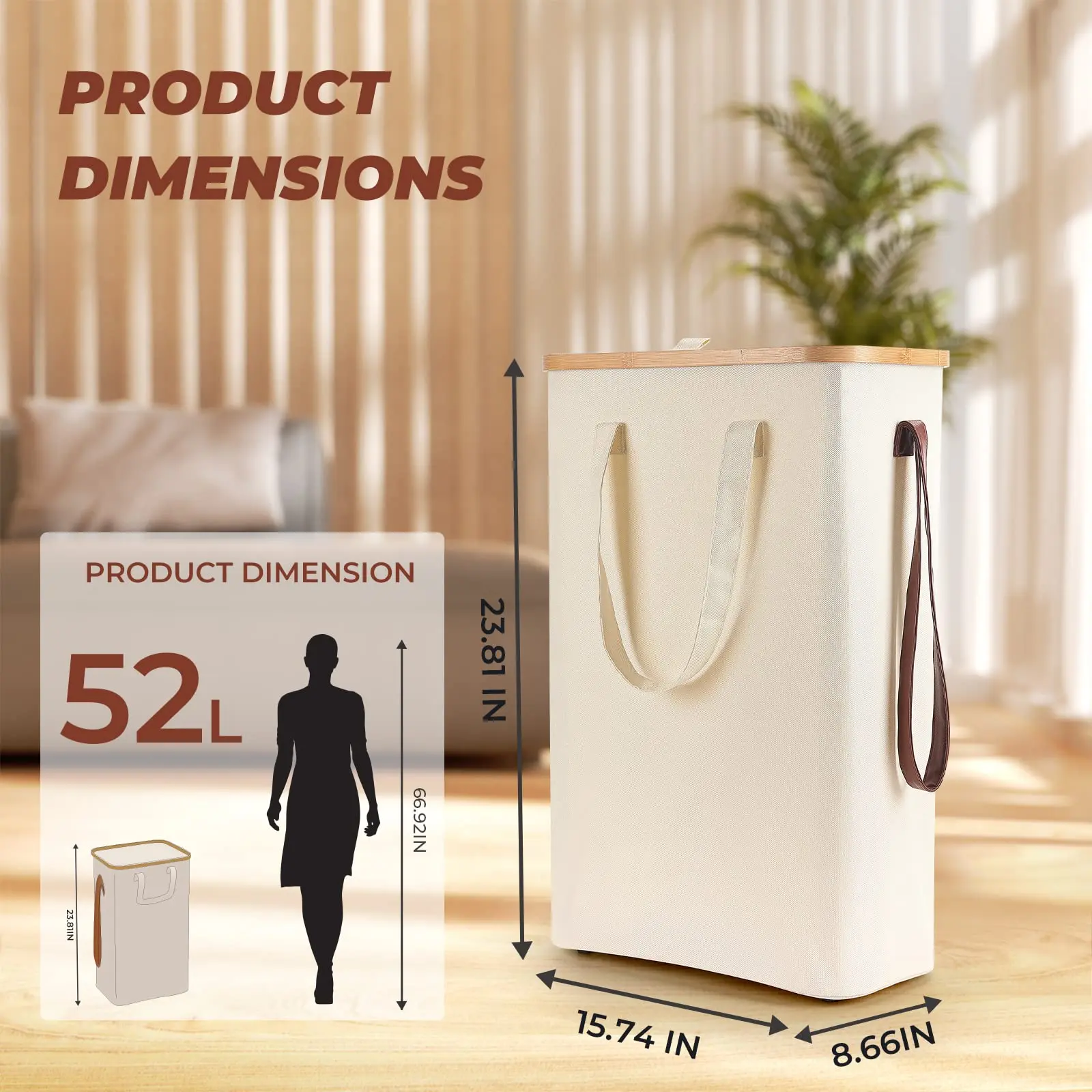 52L Slim Laundry Basket Collapsible Narrow Laundry Hamper with Removable Washable Laundry Bag