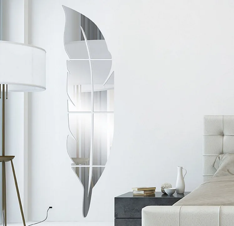 HOT 3D Feather Mirror Wall Sticker Room Decal Mural Art DIY Home Decor Decorative Mirrors