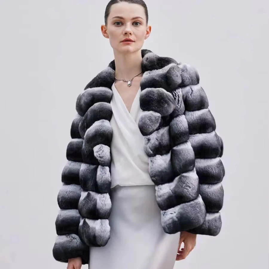 Super Elegant  European  Chinchilla  fur  coat  winter   luxury   short  chinchilla  fur  coat for women