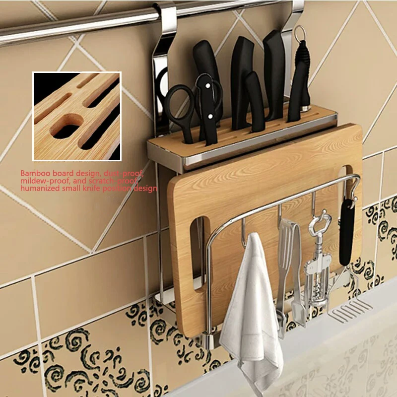 Kitchen Wall-Mounted Holder Stainless Steel Knife Cutting Board Rack