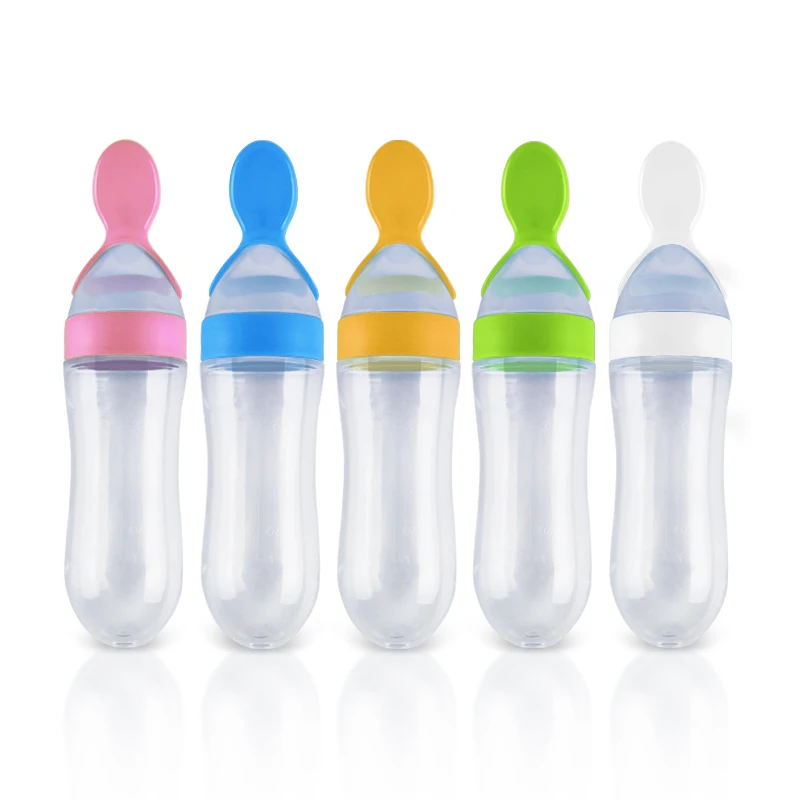 Best Selling Silicone squeeze baby Feeding bottle baby silicone feeder with Spoon Feeding spoon bottle  Baby Products
