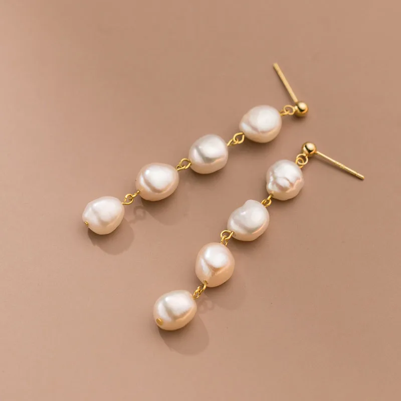 925 Sterling Silver 18K Gold Plated Handmade Baroque Freshwater Pearl Tassel Dangle Earrings For Girls