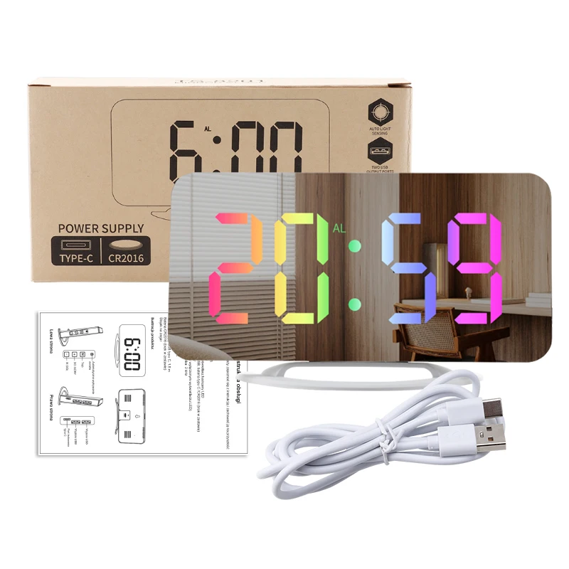 Customizable Type Low Voltage For Multicolor Electronic Digital Colorful Mirror Luxury Mirrored Electron Led Custom Desk Clock