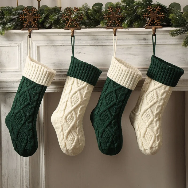 Knitted Wool Hanging Bag Upgraded Double-Sided Diamond Colour-Blocked Chunky Knit Christmas Stockings
