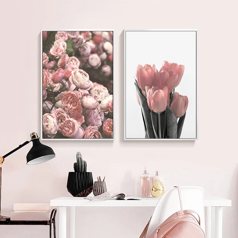 Pink Tulips Peony for Wall Decor Pik Rose Canvas Painting Print Picture Large Floral Art Abstract Modern Abstract
