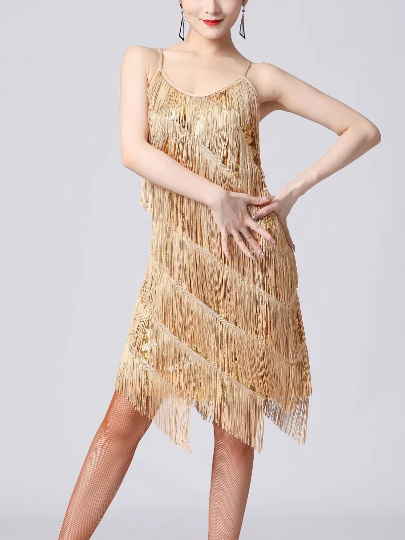 Hot Sale Womens Sequins Fringed Performance Dress Samba Tango Latin Dance Costume Tassel Dance Dresses