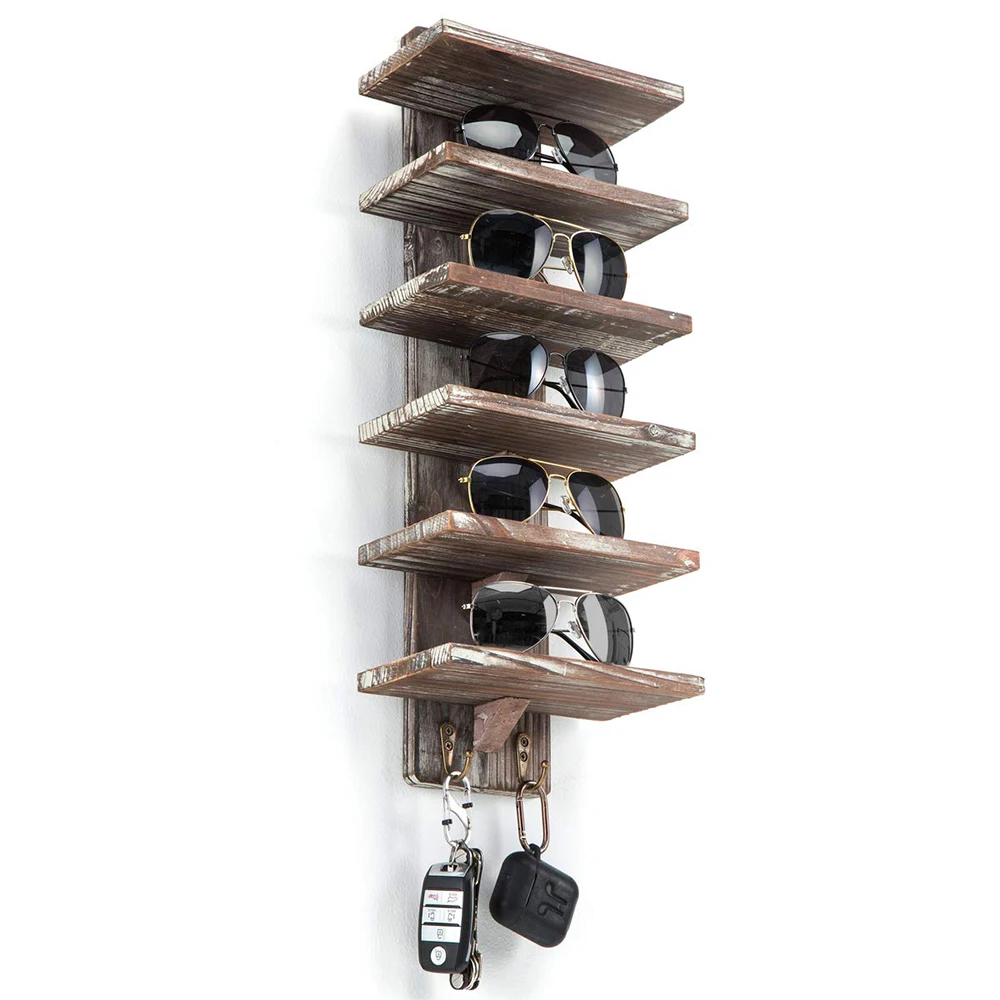 Rustic Wood Wall Mount Sunglasses Organizer 6 Tiers Rack With 2 Hooks Glasses Storage Box Display Cabinet for Jewelry