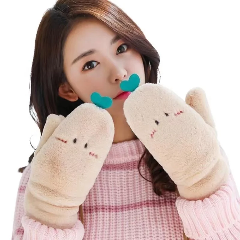 Women Cute Plush Thicken Mittens Warm Half Finger Fingerless Gloves