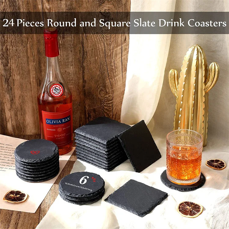 4 x 4 Inch Gorgeous Black Slate Stone Coasters Bulk Square Slate Stone Cup Coaster for Drink Bar Kitchen Home