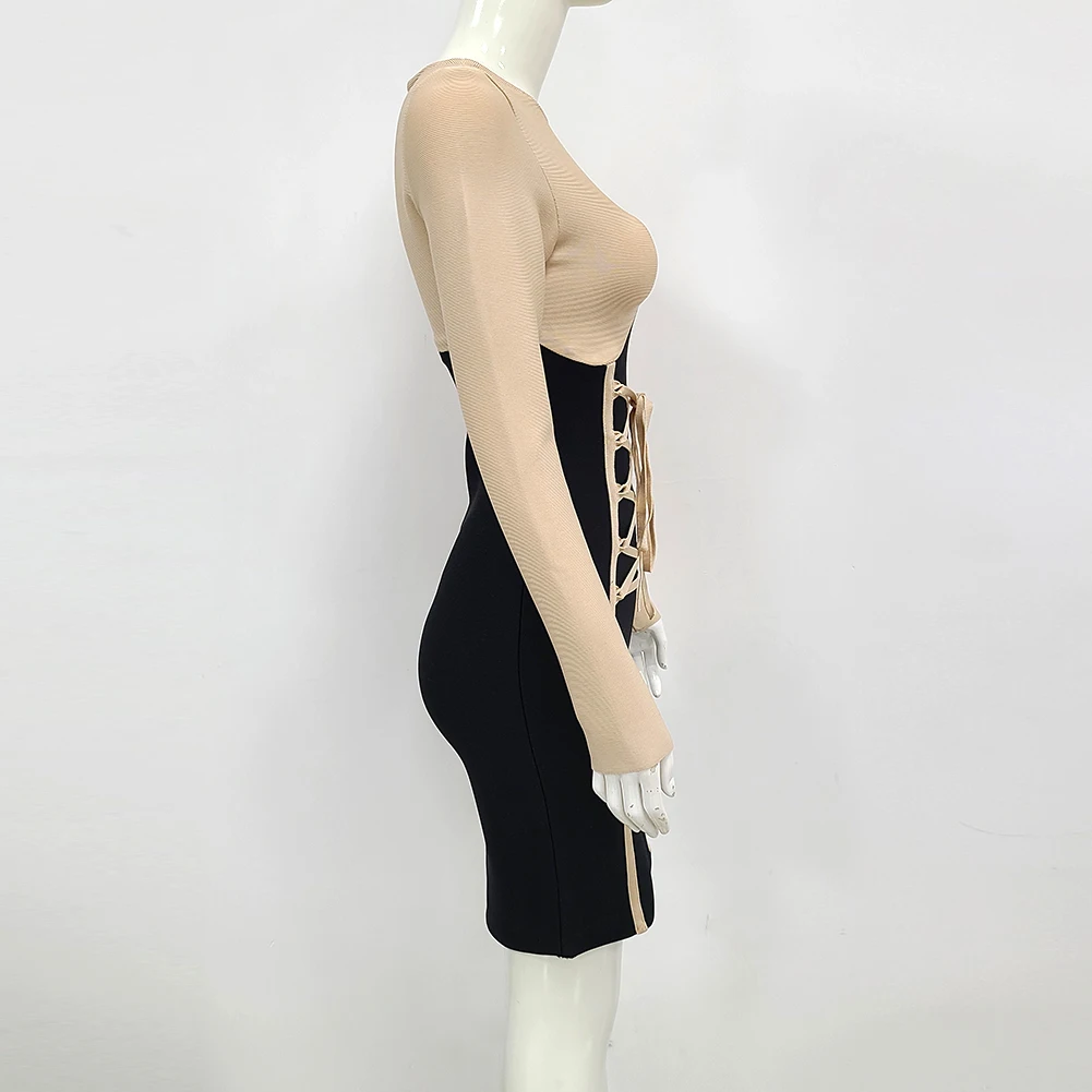 Sexy Elegant Mini Party Dress Vestido Fashion Fall Long Sleeve Patchwork Lacing Beige Bandage Dress