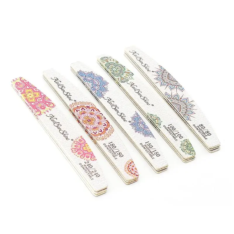 Wooden Nail Files 80 100 150 180 240 Grit Flower Printed Thick Sandpaper Double Sided Buffer Files DIY Salon