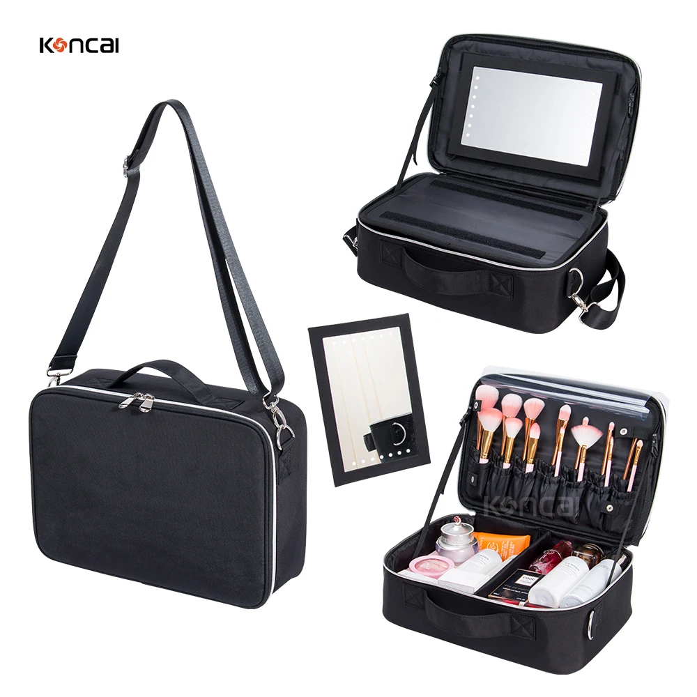 KONCAI Travel Handle Zipper Cosmetic Bag CaseToiletry Vanity Beauty Makeup Box Pouch with Compartment Makeup Suitcase