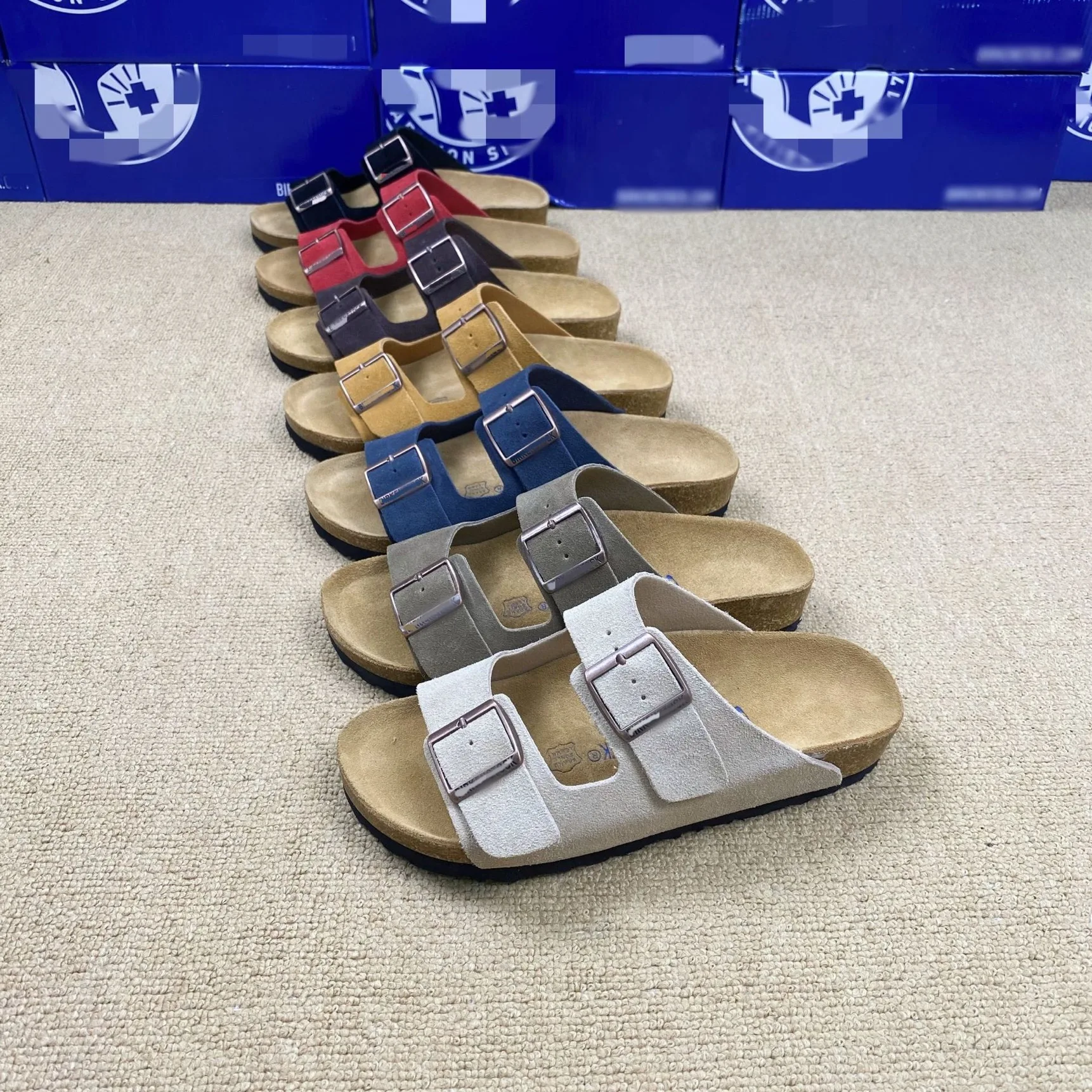 2024 Hot Sale Custom Men Unisex Fashion Cow Suede/Leather Open Toe Clogs Sandals Beach Slides Cork Sole Birken Slipper Women