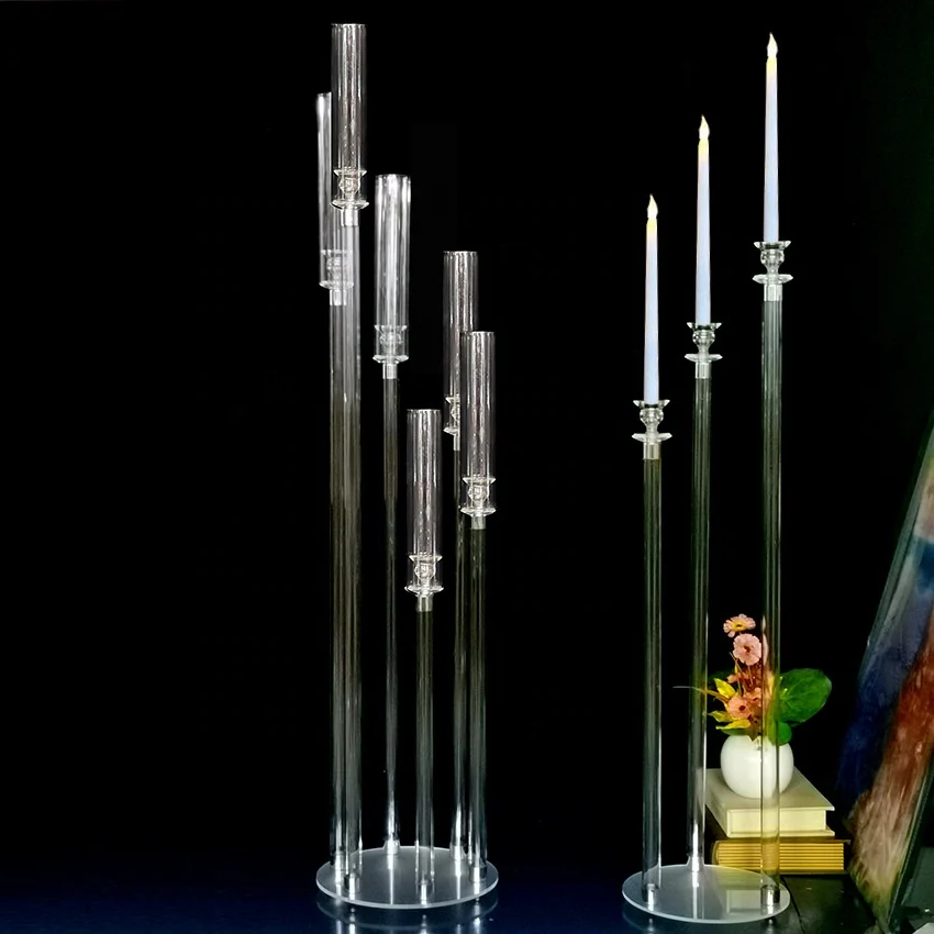 Wholesale Modern 8-Arms Long-Stemmed Glass Tube Vase Crystal Candle Holders for Wedding Table Centerpieces Candelabra