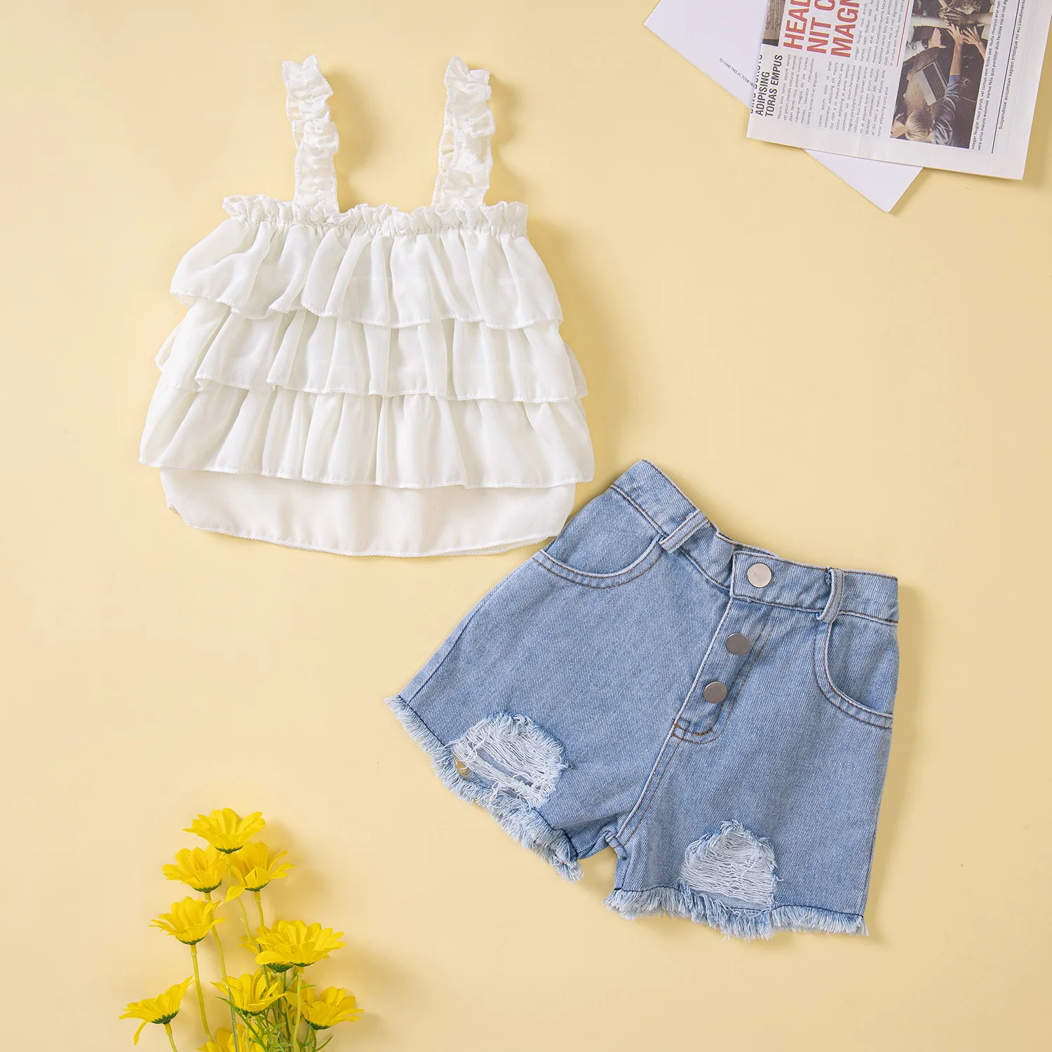 Beautiful Lace Up Chiffon Ruffles Top Denim Shorts 2pcs Clothes Set Lil Girls Clothes Set Summer