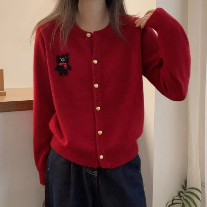 Spring new arrival fashion lady crew neck long sleeve loose fit bear print thin sweater coat