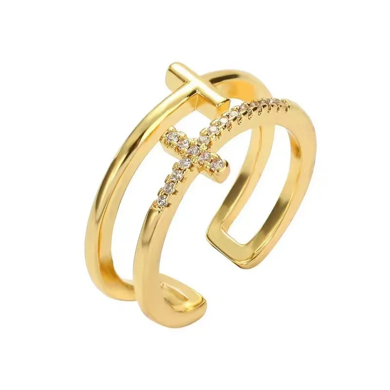 Fashion Women Jewelry 18K Gold Plated 925 Sterling Silver Cubic Zirconia Double Cross Ring