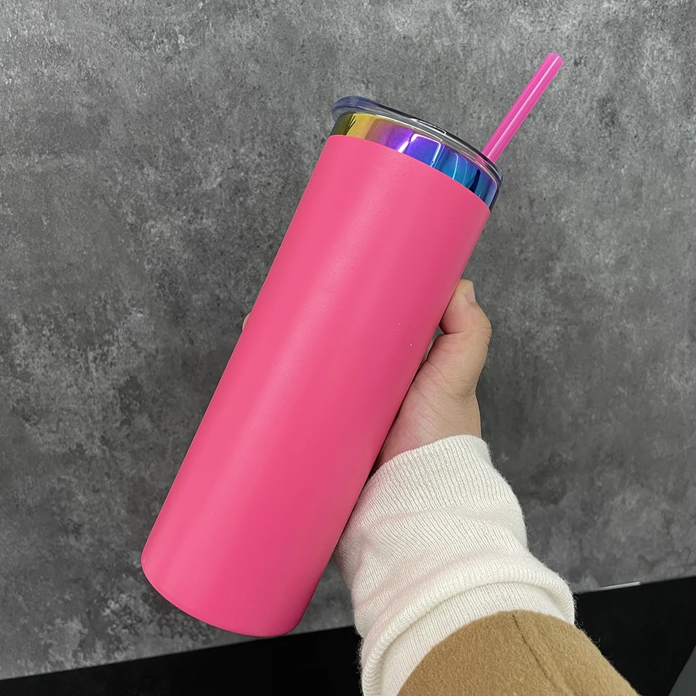 wholesale bulk double walled stainless steel powder coated 20oz rainbow plated skinny tumbler with slide lid for laser engrave