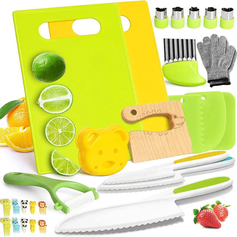 13PCS Montessori Kitchen Tools for Kids Cooking Sets Real Safety Plastic Wooden Knives Kit for Cooking Knives Crinkle Cutter