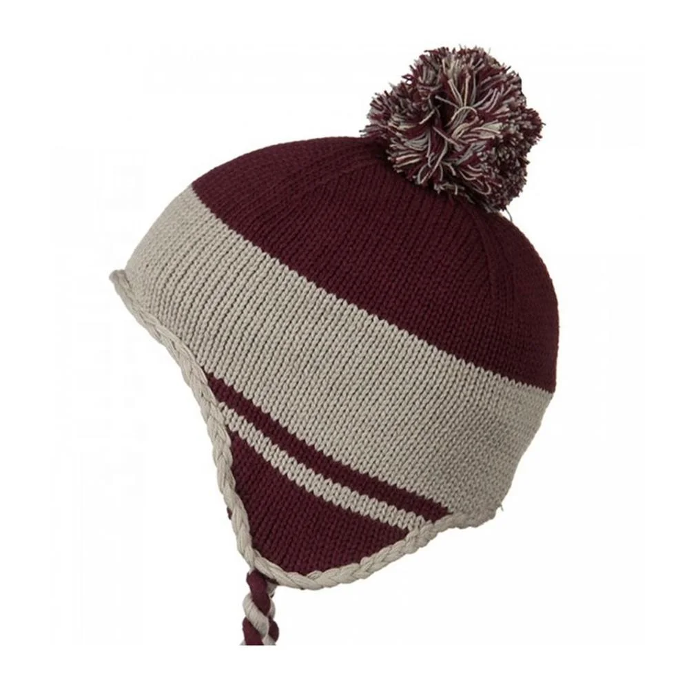 Перуанский Стиль Вязаный ушной клапан Лыжная Шапка темно-бордовый серый хлопок акриловый помпон теплая зимняя шапка оптовая продажа