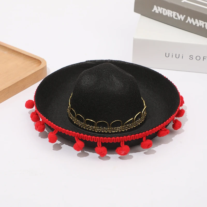 Carnival Halloween party mini felt Mexican fur ball fun hat pet headband head clip pet hathead buckle