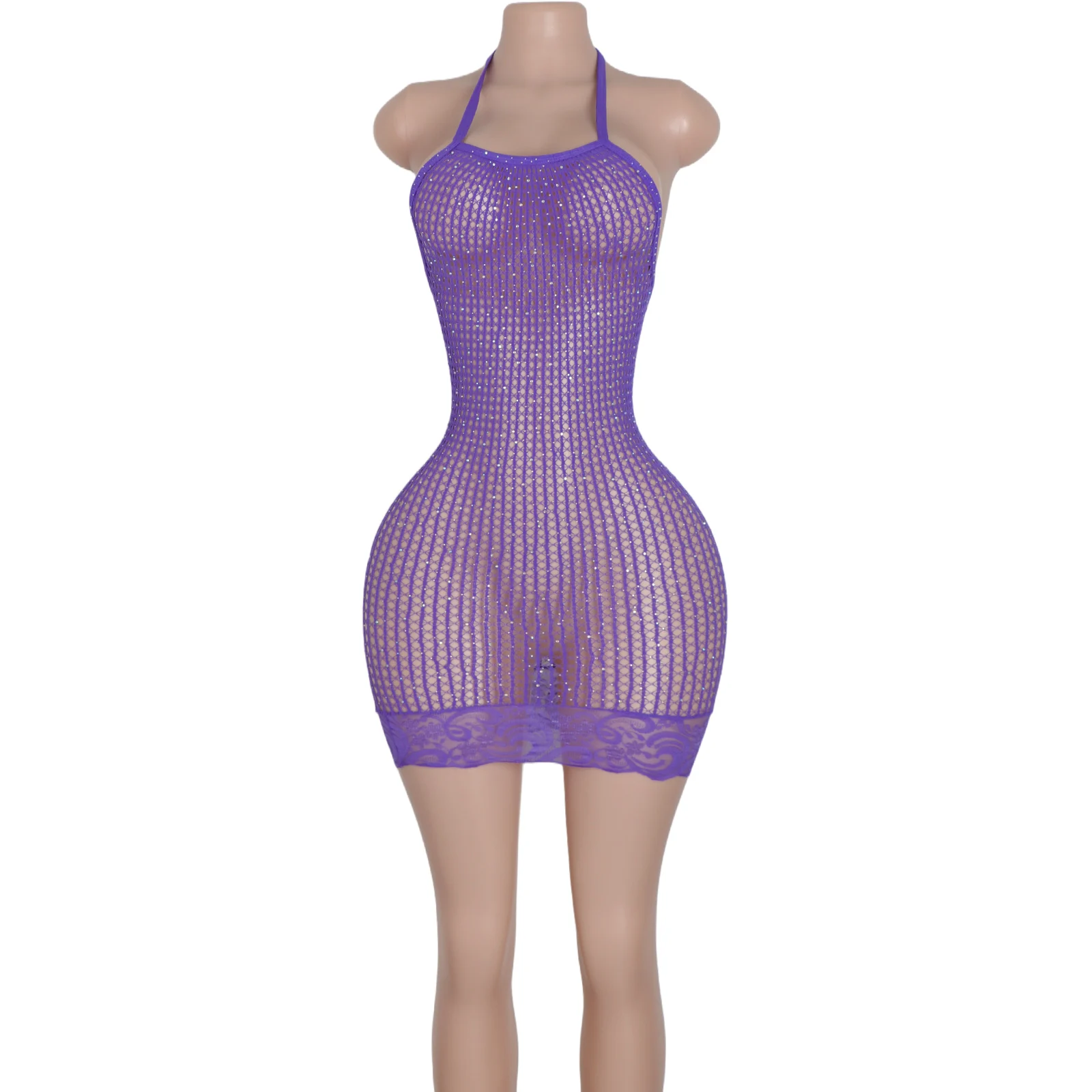 Stunning Fishnet Dress featuring Stripped Accents Lace Design Adult exotic Dancewear Nightclub Events Performance Costumes
