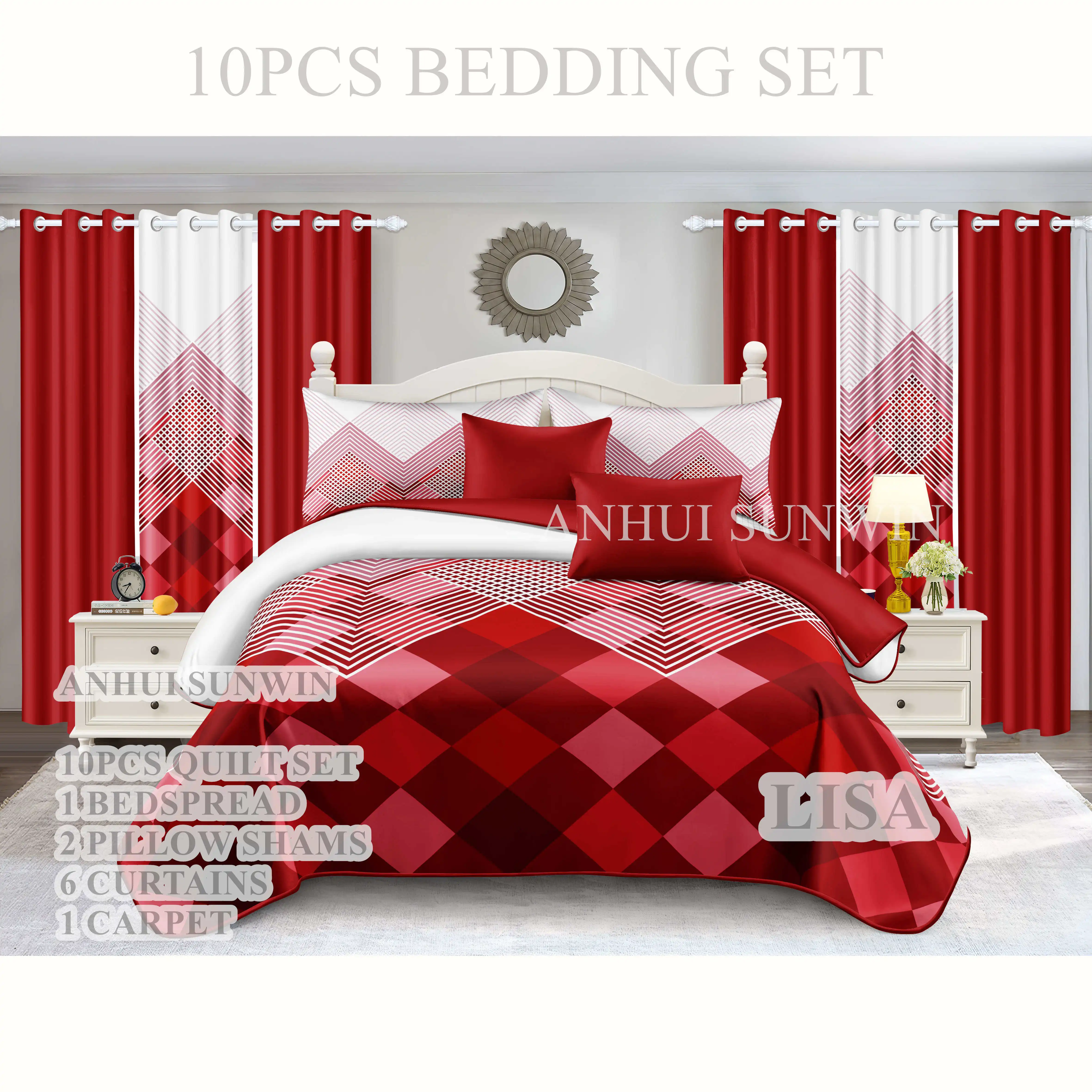Butterfly print Pink Red blue 3d printed linen blend Custom multi king 10PCS Polyester Curtain bedding Set