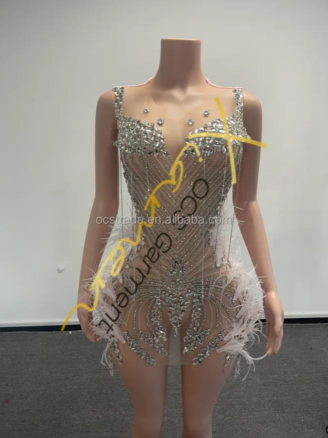 Ocstrade Luxury Silver Rhinestone Chain Beaded Corset Dresses Women Elegant Feather Crystal Birthday Mini Dresses Club Party