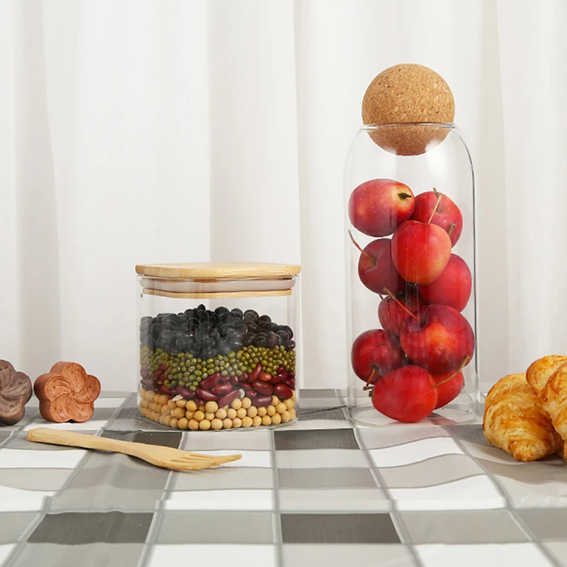 Transparent storage Jars & bottles with Wood Lids Airtight Glass Canisters Sets FOR Powder Detergent