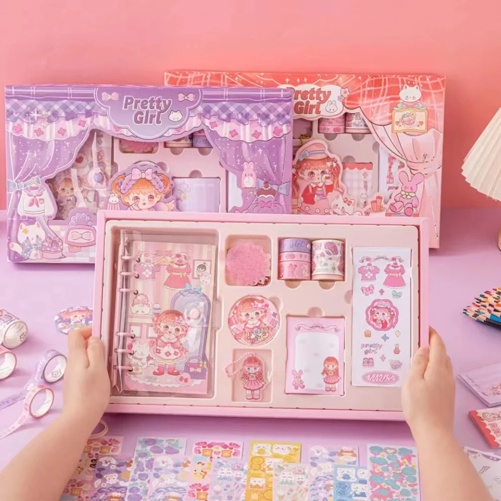 Notebook Set Gift Box Cute Girl Do Notebook Sticker Guka Material Full Set of Cane Gift Bag Planner Agenda 2024 Notepad Binder