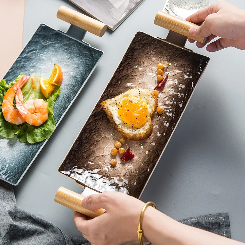 New product japanese ceramic serving plate with wooden handle sushi plate ceramic Dessert tray
