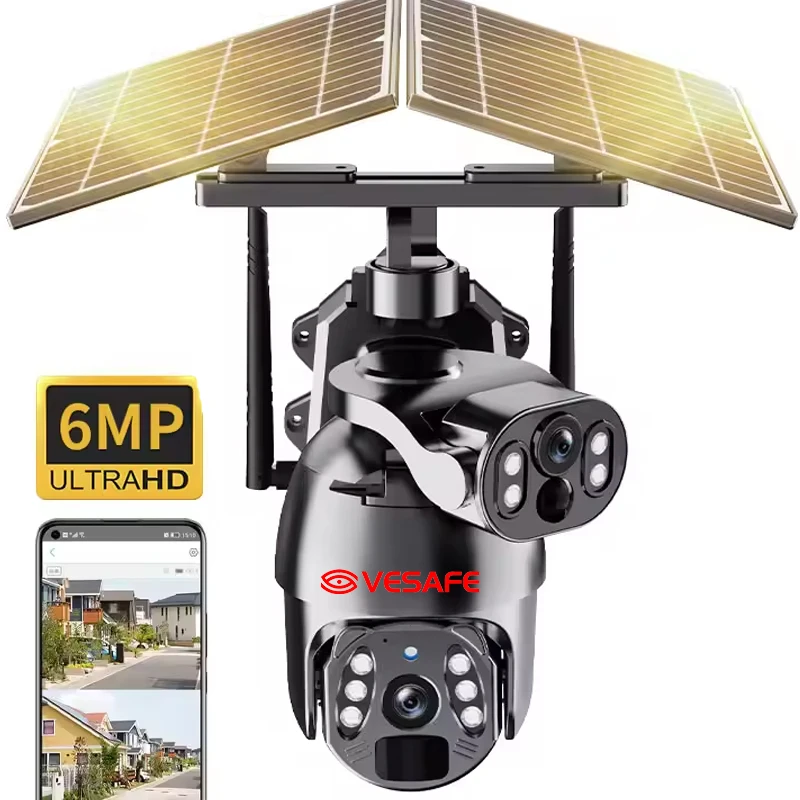 VESAFE Low Power Waterproof 6MP Dual Lens UBOX PTZ Waterproof 6W 12w Solar Surveillance Wifi CCTV Camera