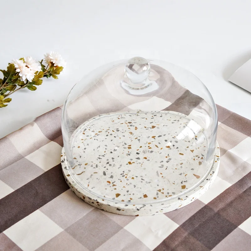 
Natural marble round base cheese dessert birthday cake display stand board with glass cover lid dome 
