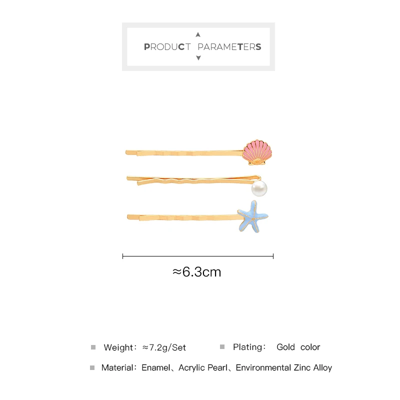 t04340 3 Pcs/Set Vacation Jewelry Gold Plated Pearl Shell Starfish Pink Blue Enamel Girls Korean Hair Pins Accessories