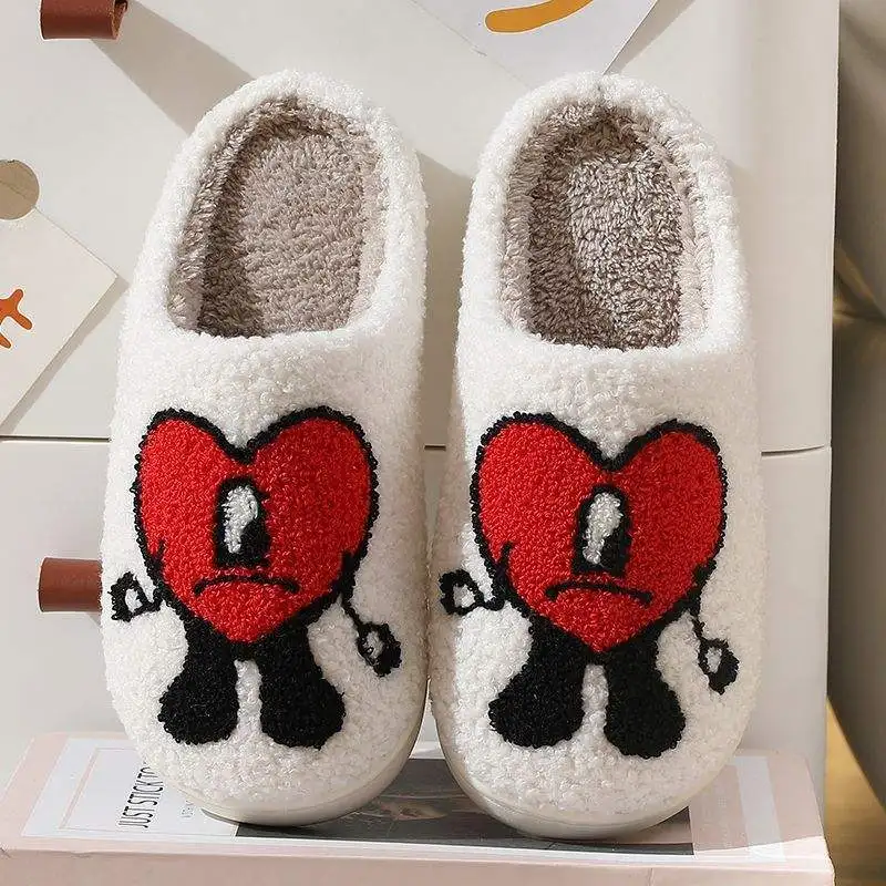 Wholesale Stock Custom Logo Red Heart Bad Cute Bunny Slippers Slides Ladies Warm Winter Home Slippers
