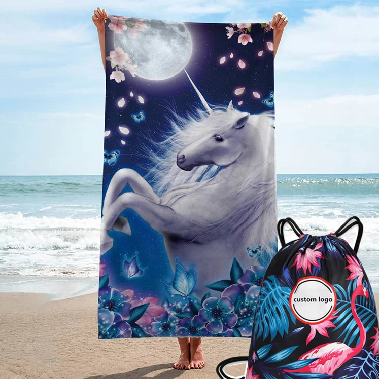 Hot Sale Custom Printed Design Microfiber Suede Beach Towel Rectangular Shape with Waterproof Drawstring bag