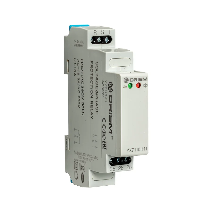
YX7110H11 5A 220VAC - 480VAC Phase Failure Protection Relay Phase Sequence CE ROHS Certificate Under-Voltage Over-Voltage SPDT 
