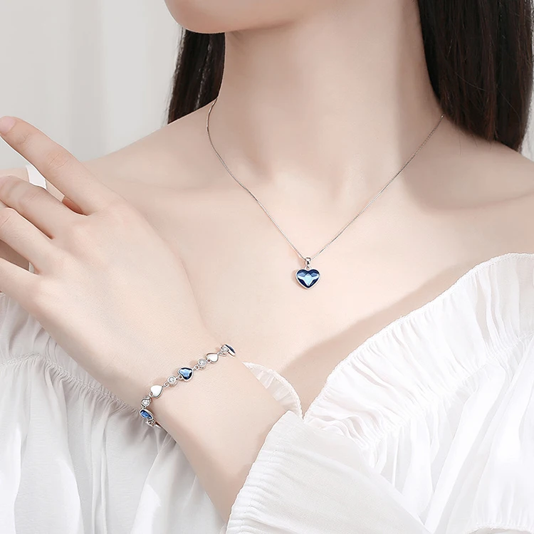 Cute S925 Austrian Crystal Heart Ocean Stud Earrings Bracelet Necklace