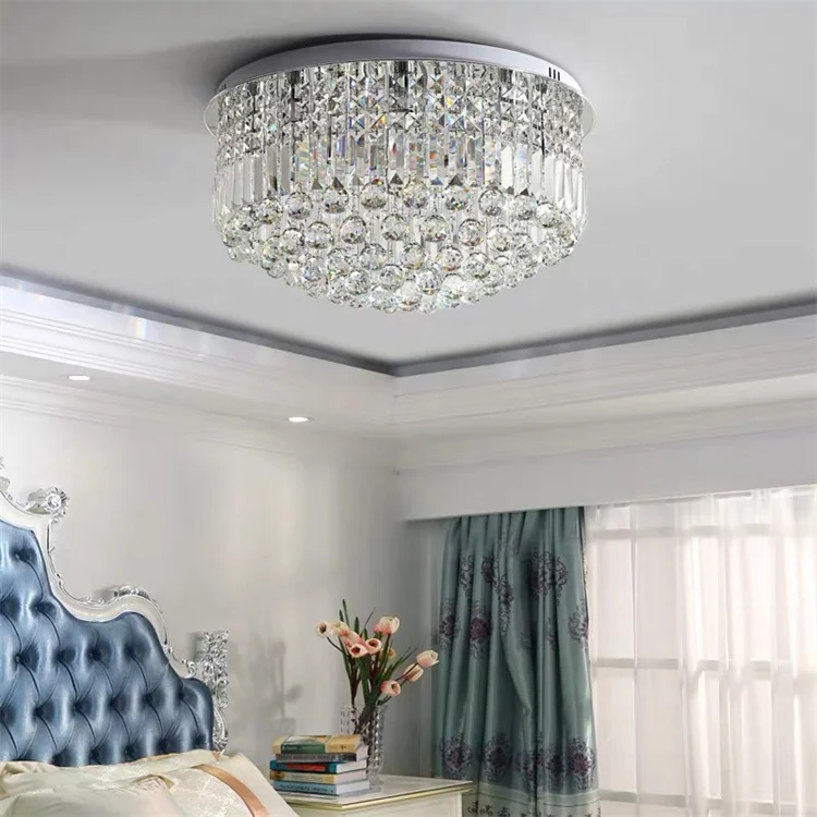 Simple Lobby Living Room Chandelier Rain Drop Round K9 Crystal Ceiling Light Chrome