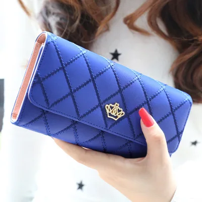 Wholesale  Tri-fold Button Closure Long Purse Women Multi Card Organizer Golden Crown Candy Colors Thread Lattice Clutch  Wallet