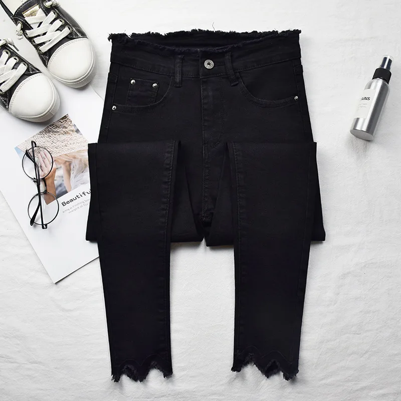 High Quality Blue Black Gray Denim Ladies Knitted Washed High Waist Ladies Elastic Pencil Jeans