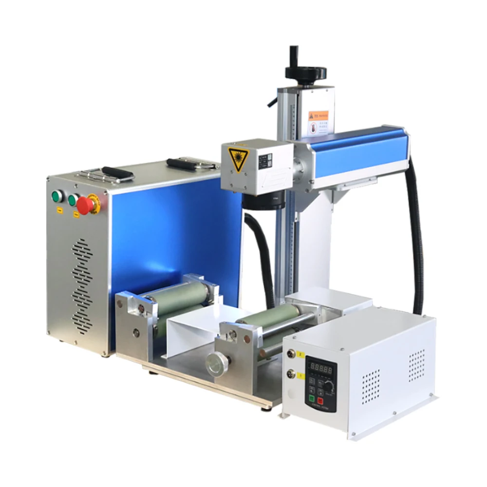 mini fiber laser marking machines with rotary or disk  feed belt device for metal plastic tag logo printing engraving equipment