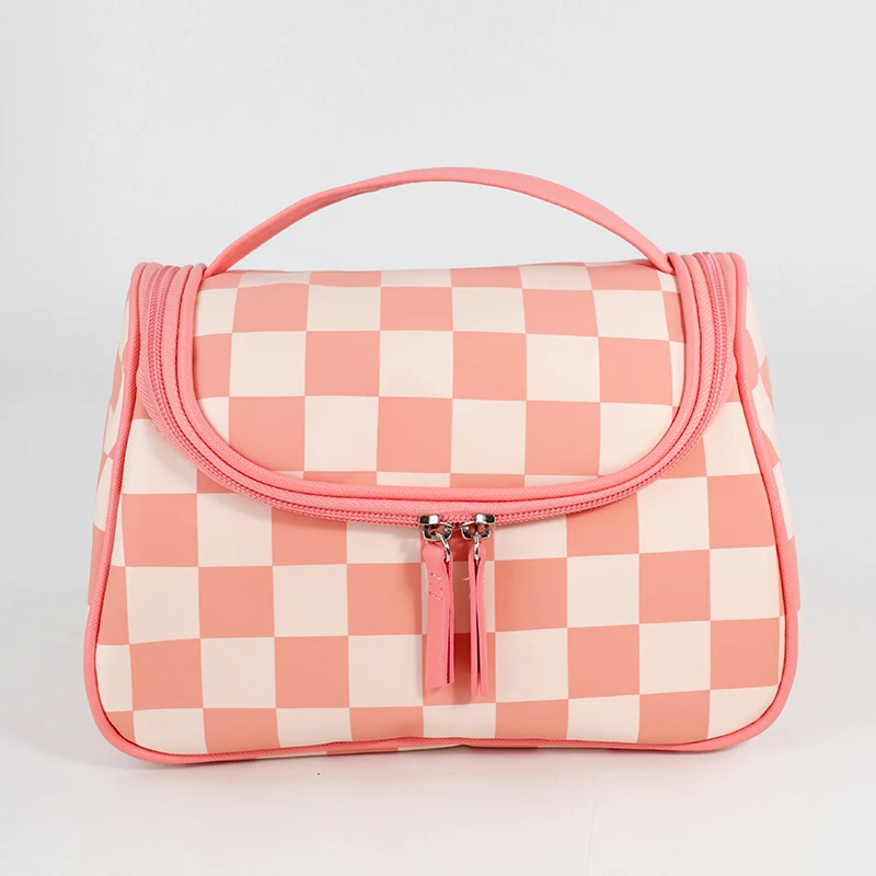 Custom Checkered print Travel Ladies Large Cosmetic organize High Quality Waterproof Nylon Makeup Bag
