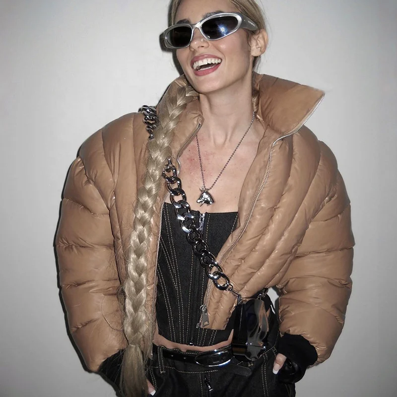 New Design Winter Wraparound Bubble Jacket Coat Women 2023 Long Sleeve Cotton Stand Collar Zipper Puffy Jackets With Corset