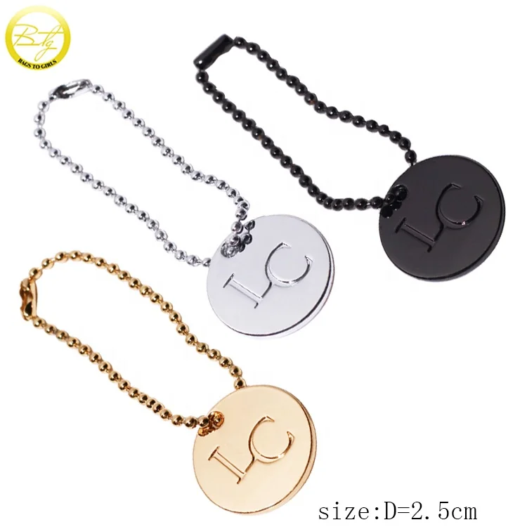 Promotional cheap handbag round chain tags zinc alloy brand letters metal nameplate for purse accessory