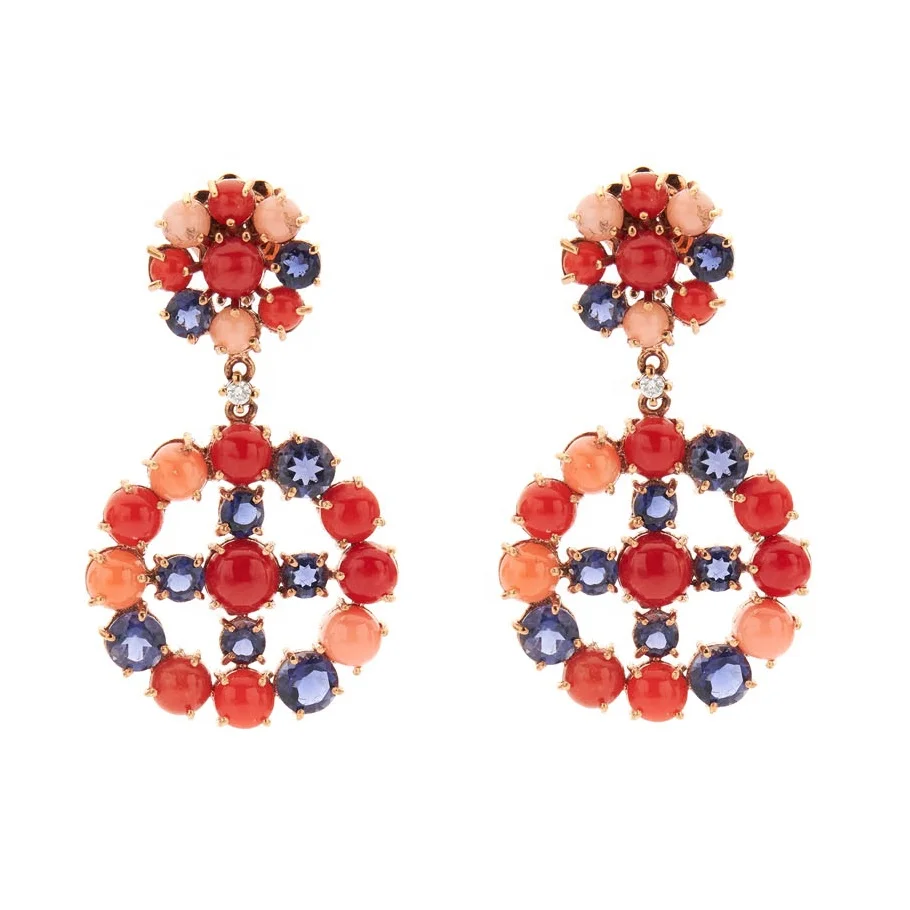 Earrings with Coral and Shappires Set in Gold